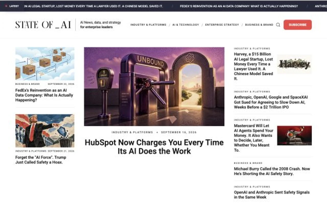 State of AI homepage showing its editorial coverage