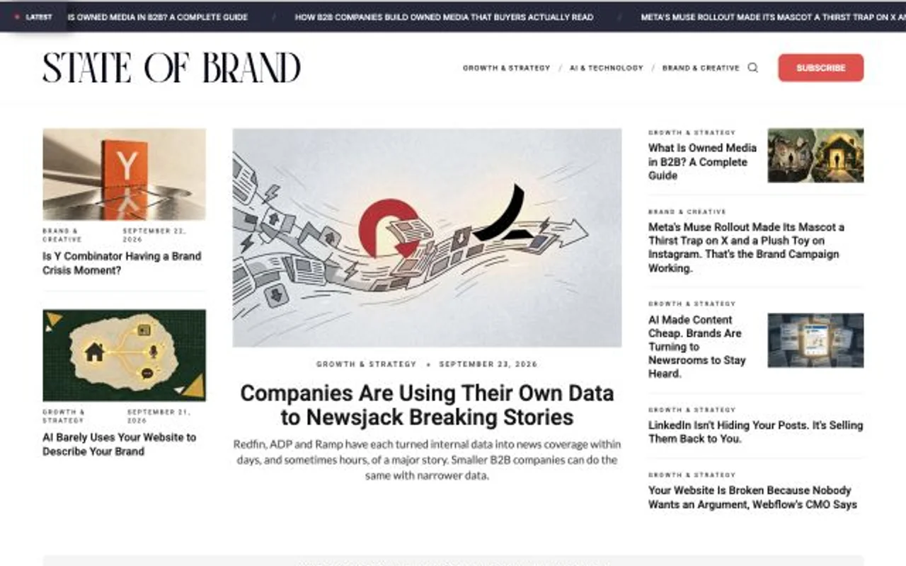 State of Brand homepage showing its editorial coverage
